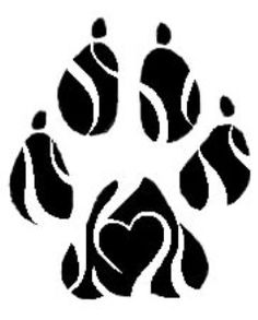 a black and white paw print with two people in the center, one holding a heart