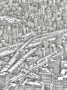 a black and white drawing of a cityscape with lots of tall buildings on it