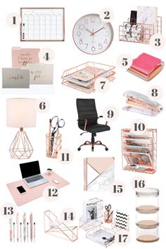 a collage of office supplies including a laptop, desk chair and other items with numbers on them