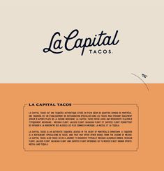 the logo for la capital tacos is shown in black and white, on an orange background