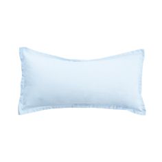 a white pillow with blue ruffles on the front and back side, against a white background