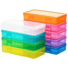 four plastic storage boxes stacked on top of each other