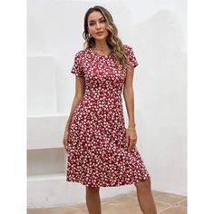 Sundresses For Women Casual Summer Short Sleeve Round Neck Floral Skater Dress A Good Amount Of Stretch,Breathable,Skin-Touch,Makes You Feeling Well Features Short Sleeves,Round Neck,Flare Skirt Bottom And Various Colors Women Round Neck Short Sleeve Flare Midi Dress,Perfect For Spring,Summer And Autumn Simple And Classy Design With Knee Length Cut Of The Dress Makes It Suitable For All Daily Wear And Formal Occasions Red Non-stretch Casual Dress, Casual Red Non-stretch Dress, Red Floral Print Non-stretch Dress, Red Floral Print Knee-length Midi Dress, Sundresses For Women, Sundresses Women, Flare Midi Dress, Embellished Midi Dress, Feeling Well