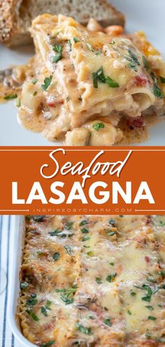 seafood lasagna in a white casserole dish with bread on the side