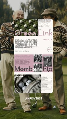 two men standing next to each other in front of a poster with golf balls on it