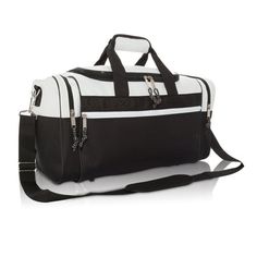 DALIX original duffle bag. FEATURES: Perfect Sports Gym bag, Original U-shape main zippered compartment, two end zippered pockets, front zippered pocket, adjustable and removable shoulder strap. SIZE: 17"x 10" x 9" MATERIAL: 600D Polyester w/ Heavy Vinyl Backing. COLOR: White. INTENDED USE: GYM, SPORTS, TRAVEL, LUGGAGE, CARRY-ON BAG, HIKING AND CAMPING. WEIGHT: 1 LB 4 OZ. Size: L.  Gender: unisex.  Age Group: adult. Rectangular Sports Gym Bag With Zipper Closure, White Sporty Gym Bag, Sporty White Duffle Bag For Travel, Functional White Gym Bag For School, Sporty White Gym Bag, Sporty Rectangular Gym Bag With Zipper Closure, Sporty White Gym Bag For Sports, Sporty White Duffle Bag For School, Sporty Duffle Bag With Zipper Closure