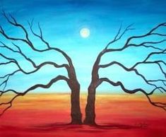 an acrylic painting of two bare trees on a red, blue and yellow background