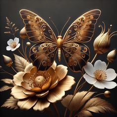 a golden butterfly sitting on top of a flower next to white and yellow flowers in front of a black background