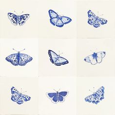 six blue butterflies on white paper, each with different colors and shapes in them's wings