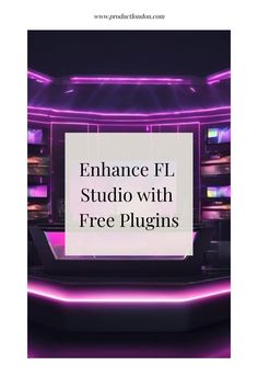 Modern music studio illuminated with purple lighting, featuring a large console and digital displays, promoting free plugins for FL Studio.