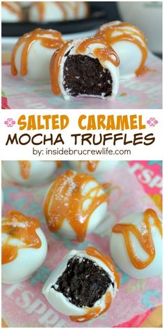 salted caramel mocha truffles with chocolate frosting on top and drizzled in caramel