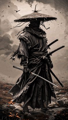 a man with two swords and an umbrella on his head is standing in the middle of a field