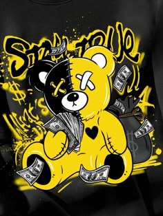 a yellow teddy bear with money on it's chest sitting in front of a black t - shirt