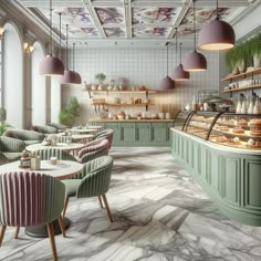 the interior of a restaurant with green chairs and marble flooring, potted plants on shelves