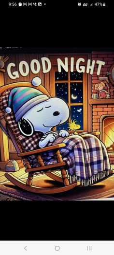 a cartoon dog is sitting in a rocking chair with the words good night written on it