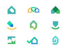 various logos designed to look like houses and arrows, all in different colors on a white background