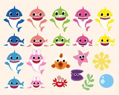 an assortment of cartoon shark and sea animals with different facial expressions, all in various colors