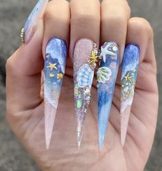 3d Encapsulated Nails, 3d Ocean Nails, 3d Seashell Nails, Ocean Stilleto Nails, Gyaru Nails Tropical, Beach Nail Art, Luminous Nails, Pretty Mermaids, Fantasy Nails