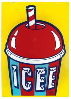 an ice cream sticker is shown on the side of a yellow background with blue, red and white stripes