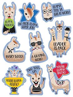 llama stickers are shown in different colors and sizes, including one with an inscription