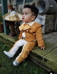 BEAUTIFUL MEXICAN  CHARRO COSTUME FOR TODDLERS BAPTISM MODEL SYNTHETIC SUEDE CAMEL COLOR GOLDEN  EMBROIDERY HORSE HEAD   METALLIC BUTONS INCLODED :5 PICE PANT ,VEST COAT ,SHIRT ,HAT PLEASE after you please your order PROVIDE THE MEASURES OF YOUR BABY AROUND  1)THE CHEST,  2)AROUND   3)WAIST , 4)LENGHT FROM WAIST TO ANKLE   WE DO HAVE MACHIME BOOTS WE DO PERSONALIZE EMBROYDERY Bautizo Ideas, Memory Ideas, Foto Cowgirl, Mexican Babies, Boy Baptism Outfit, Baby Boy Baptism, Baptism Outfit