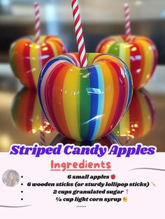 an advertisement for striped candy apples with candles