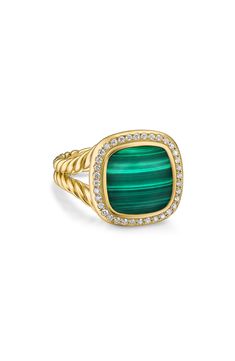 A split shanke is shaped by a signature twist in this 18-karat-gold ring that frames a central stone with a halo of pavé diamonds. 15.5mm square setting Total black onyx weight: 3.35ct. Total malachite weight: 5.4ct. Total Hampton blue topaz weight: 7.61ct. Total citrine weight: 5.5ct. Total malachite weight: 10.65ct. Total turquoise weight: 3.55ct. Total diamond weight: 0.19ct. 18k gold/black onyx, malachite, Hampton blue topaz, citrine, malachite or turquoise/diamond Imported >Diamond Guide David Yurman Ring, Amulet Charm, Twisted Band, Diamond Guide, Gold Polish, Gold Diamond Rings, Customer Care, Diamond Sizes, White Rose Gold