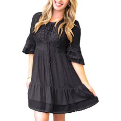 Elevate your style with the Anna-Kaci Women's Boho Peasant Floral Lace Ruffle Hem Bell Sleeve Mini Dress. Embrace the timeless charm of the peasant boho look with this enchanting dress. Adorned with romantic details including ruffled hems, bell sleeves, lace panels, crochet trim, and a delicate string tie, this dress exudes femininity and grace. Perfect for any occasion, you can effortlessly dress it up or down with a range of accessories. From sunny summer days paired with sandals and sunhats t Black Dress Boots, Bell Sleeve Mini Dress, Enchanting Dress, Lace Ruffle, Boho Look, Crochet Trim, Lace Panelled, Boho Women, Cozy Fall