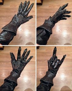 four pictures of hands with black leather gloves on them, and one showing the fingers in different positions