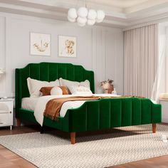 a bedroom with a green bed and white walls