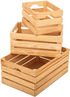 two wooden crates sitting next to each other on a white background, one is empty