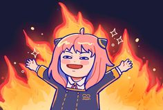 a drawing of a girl with pink hair standing in front of a fire and holding her hands up