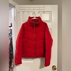 Abercrombie Jacket New With Tag On Beautiful Red Color Soft And Comfy Personl Own Red Puffer Outerwear For Fall, Red Fall Puffer Jacket, Red Puffer Jacket For Fall, Fitted Red Puffer Jacket For Winter, Red Spring Puffer Outerwear, Red Puffer Outerwear For Cold Weather, Red Long Sleeve Winter Puffer Jacket, Red Puffer Outerwear, Red Long Sleeve Puffer Outerwear