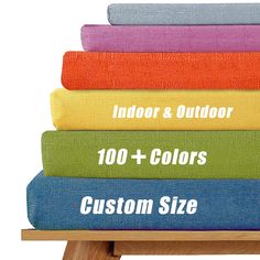 five different colored towels stacked on top of each other with the words, indoor and outdoor 100 + colors custom size