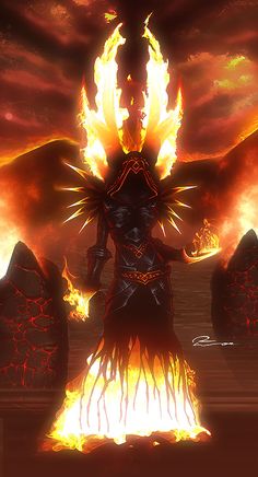 an animated image of a demon standing in front of fire and flames on the ground