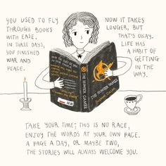 a drawing of a woman reading a book with the words, you used to fly through books