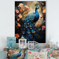 a peacock sitting on top of a bed next to pillows and pillow cases with flowers in the background