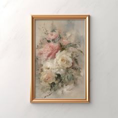 a painting hanging on the wall with flowers in it