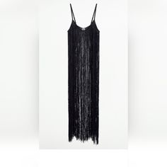 Zara Fring Black Dress. Cam Be Worn As A Swimsuit Cover, With A Bandera Top With Tights, Or Long Halter Dress!! Zara Pleated Dress, Combination Dresses, Amanda Uprichard Dress, Belted Wrap Dress, Long Halter Dress, Nike Tennis Dress, Long Fringe, Long Fringes, Midi Shirt Dress