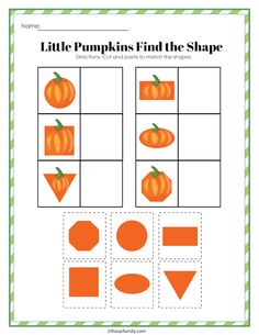 a printable pumpkin find the shape worksheet for children to practice their math skills