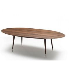 an oval wooden table with metal legs and a wood top, viewed from the front