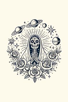 a skeleton with roses and planets in the background