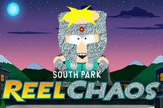 the south park reel chaos logo with an image of a cartoon character in front of mountains