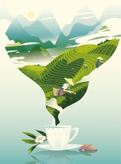 a tea cup with people in it on top of a green field and mountain range