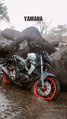 a motorcycle is parked in the water by some rocks and trees with red rims