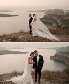 a bride and groom standing on top of a hill next to the ocean with their veil blowing in the wind