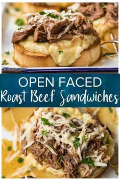 open faced roast beef sandwiches with cheese and parmesan sauce on top are the perfect appetizer for any occasion