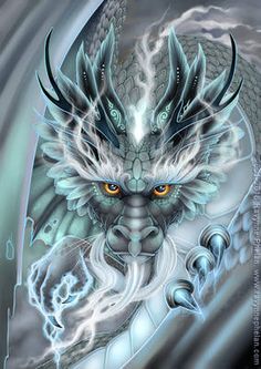 a painting of a dragon with orange eyes and white hair on it's head