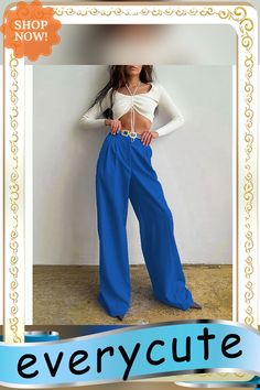 Blue High Waisted Draped Wide Leg Pants Trendy Blue Straight Leg Pants, Spring Blue Wide-leg Pants, Blue Bottoms With Pockets For Fall, Blue Wide-leg Jeans, Blue Fitted Wide Leg Pants, Fitted Wide Leg Blue Pants, Blue Baggy Straight Leg Bottoms, Blue Baggy Wide Leg Pants, Blue Baggy Pants For Work