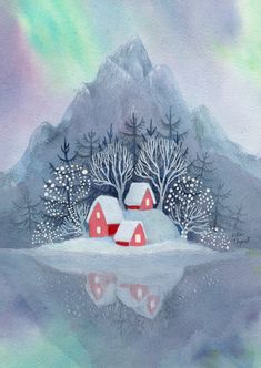 a watercolor painting of two red houses in the snow